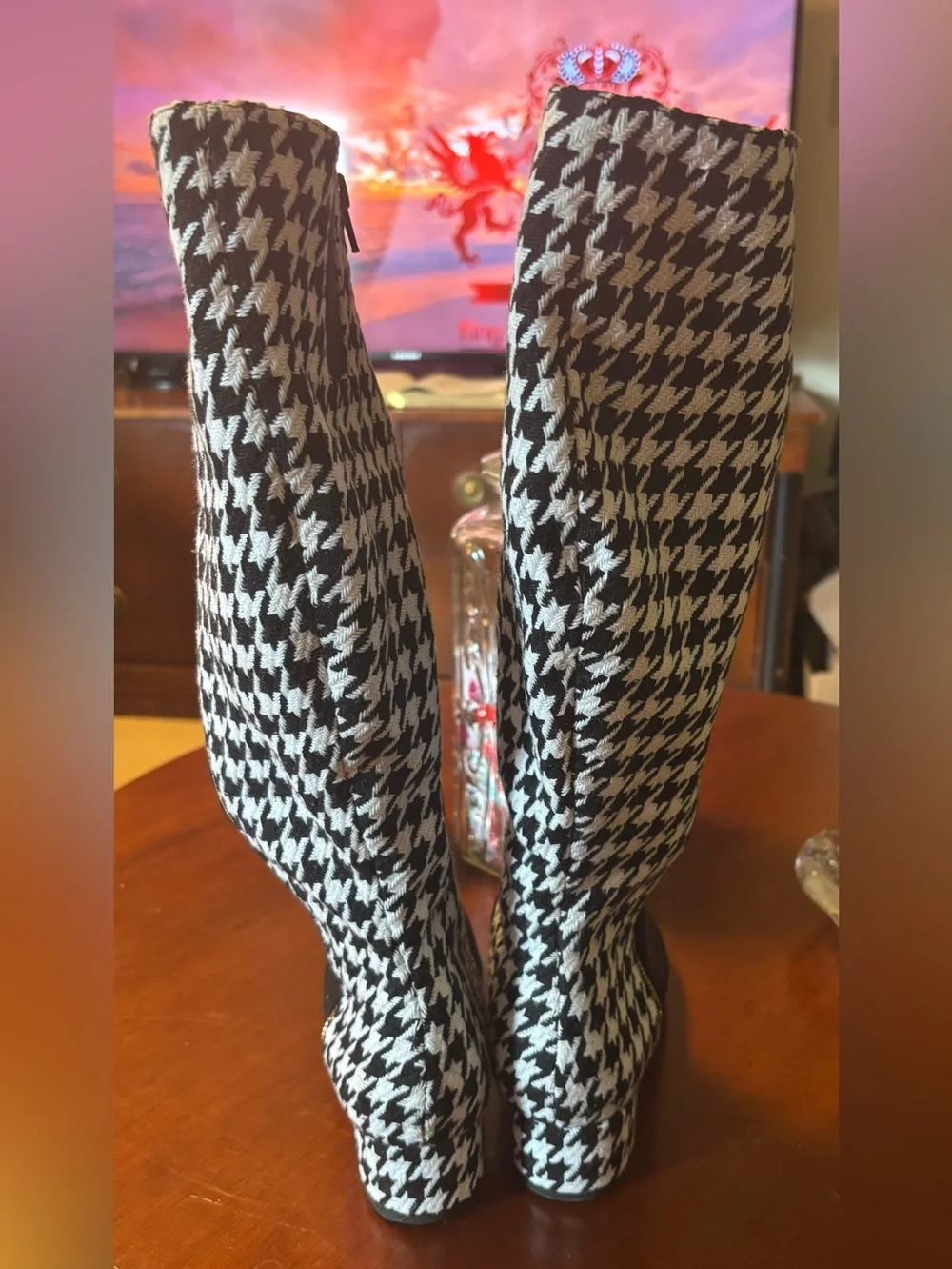 Black Over-the-Knee Boots with Houndstooth Side Panel